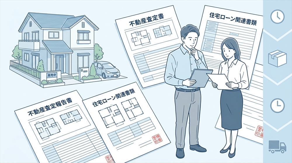 離婚時の自宅売却で確認する不動産査定書と住宅ローン関連書類のイメージ