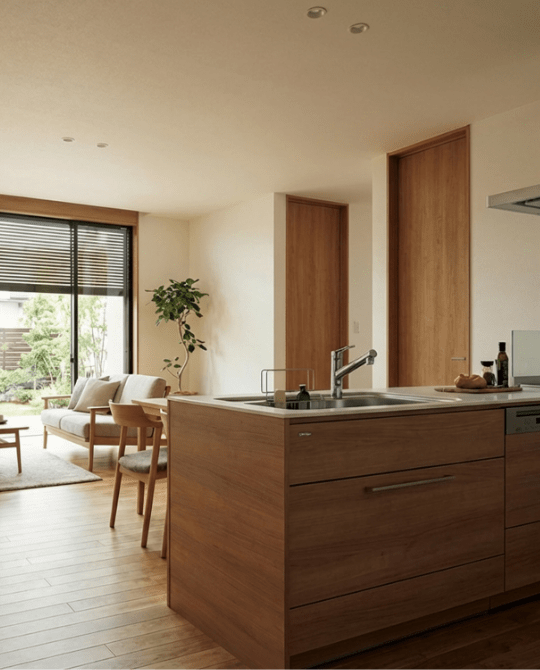 開放感＆家事ラク LDKグレードアッププラン：食洗機とハイサッシ電動シャッター、一階ハイドアでLDKをグレードアップしたイメージ