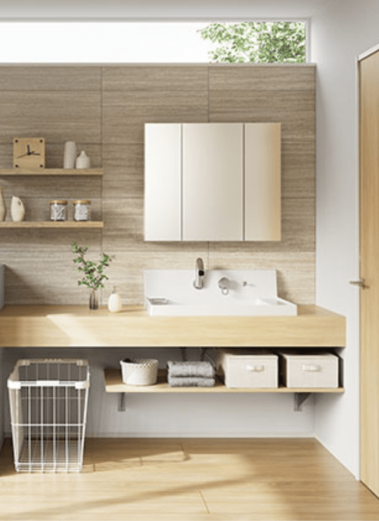 カウンター洗面プラン：カウンター一体型洗面台とアイアンバー室内物干しを組み合わせた造作風洗面のオプションプランイメージ