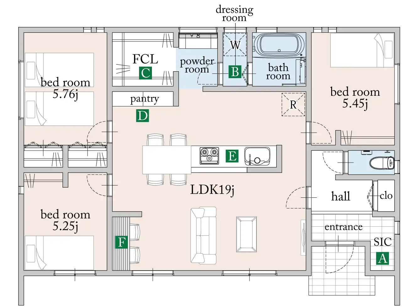 ご夫婦と子ども1人向け平屋プランの間取り図
