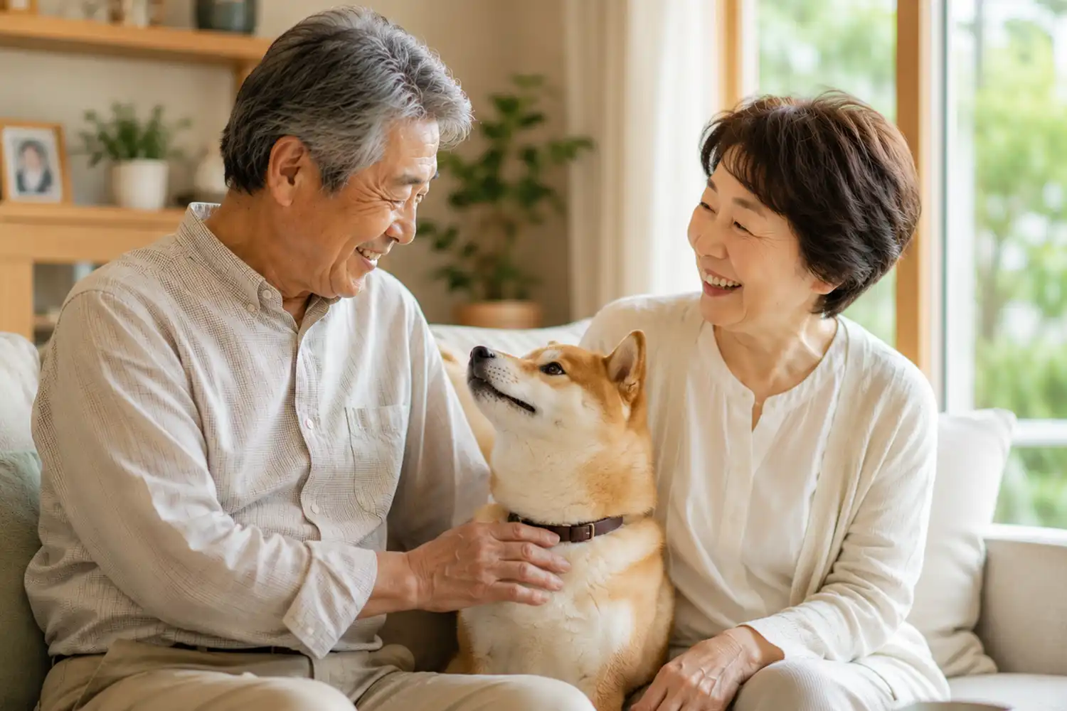 シニアご夫婦が愛犬と一緒に過ごす平屋暮らしのイメージ
