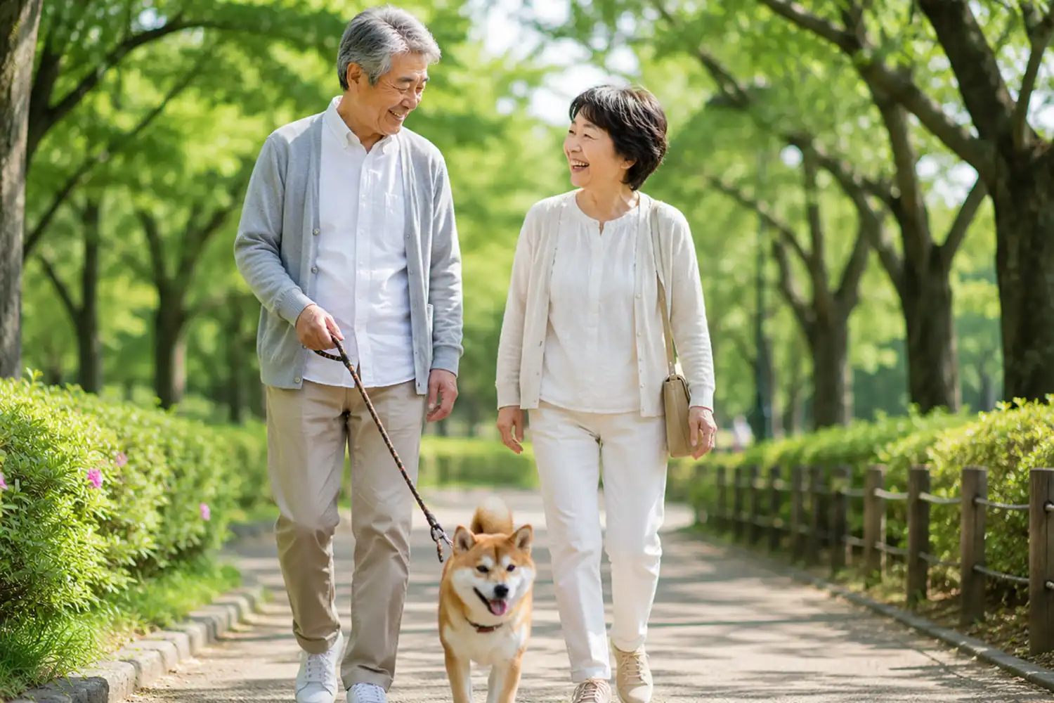 緑豊かな公園を柴犬と散歩するシニアご夫婦のイメージ